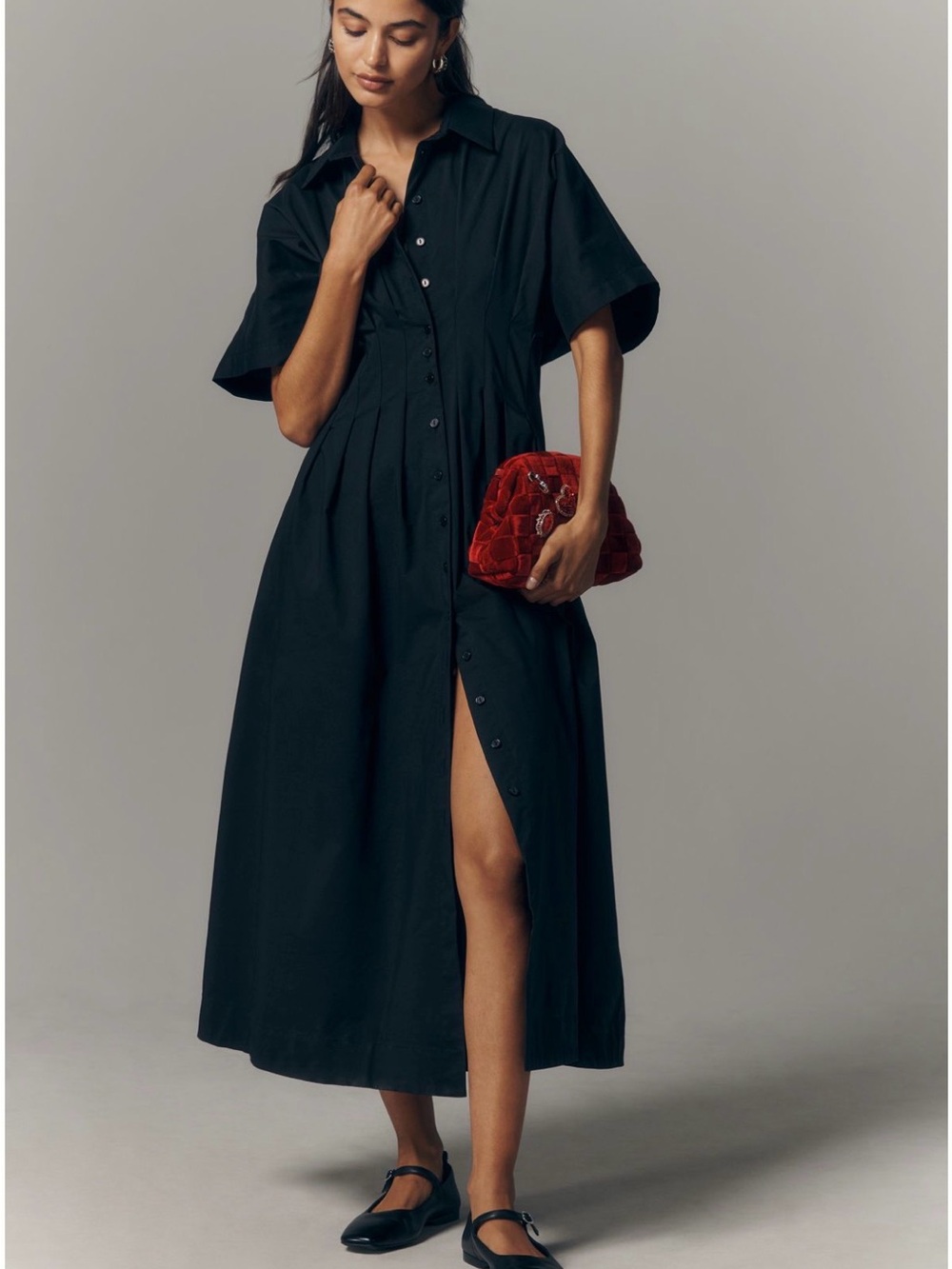 Anthropologie Black Short-Sleeve Button Midi Dress